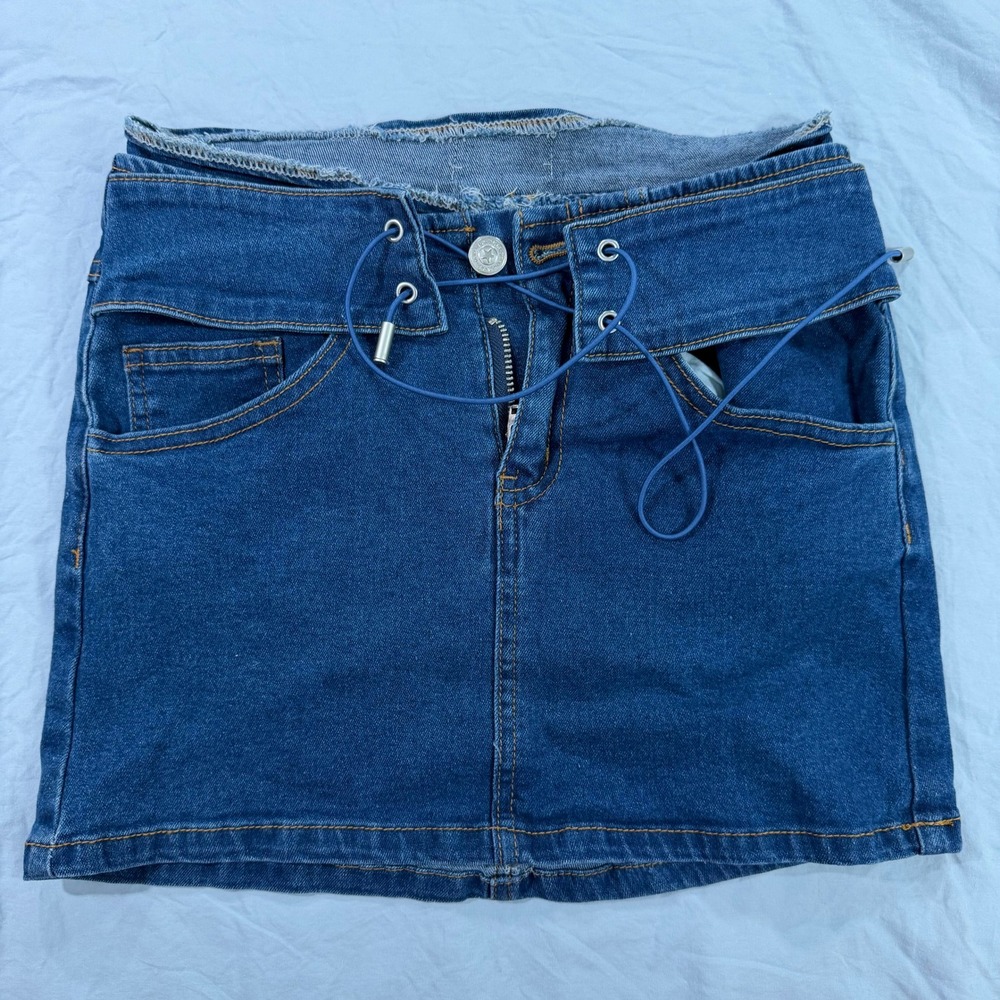 Princess Polly Blue Denim Mini Skirt Fold Over Waist Lace Up US Sz 2 Youth